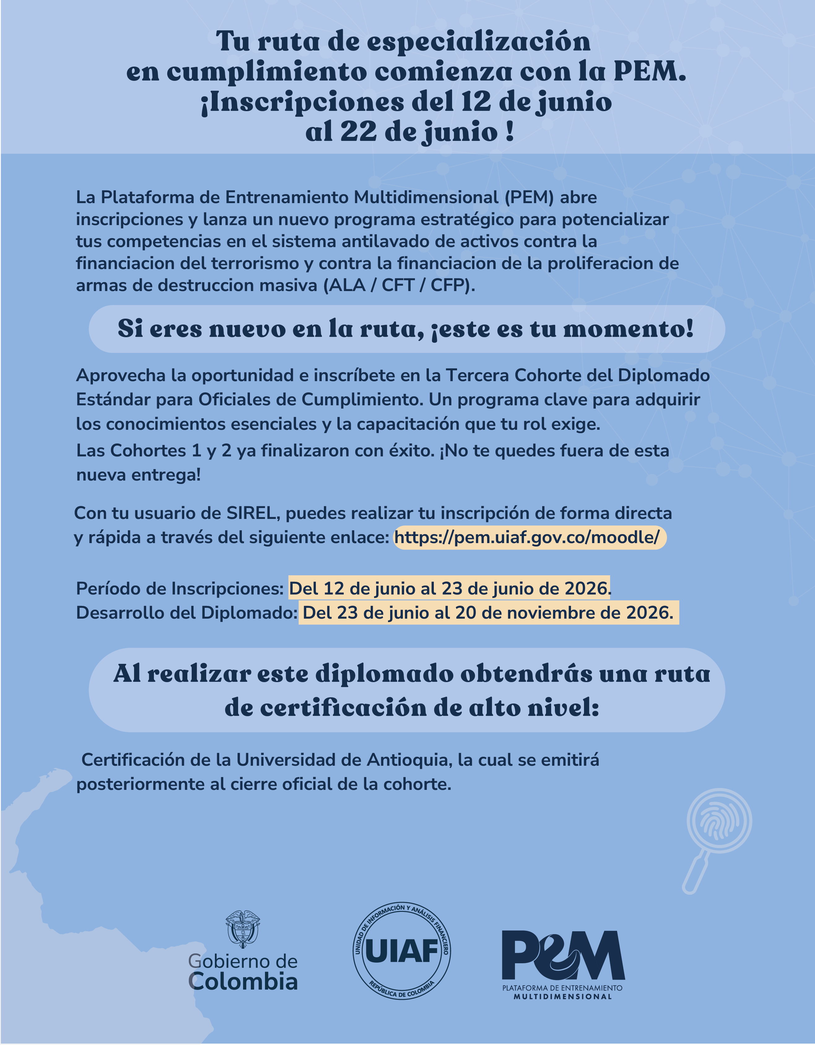 Datos relevantes para la inscripción en la tercera cohorte del diplomado estándar para oficiales de cumplimiento.